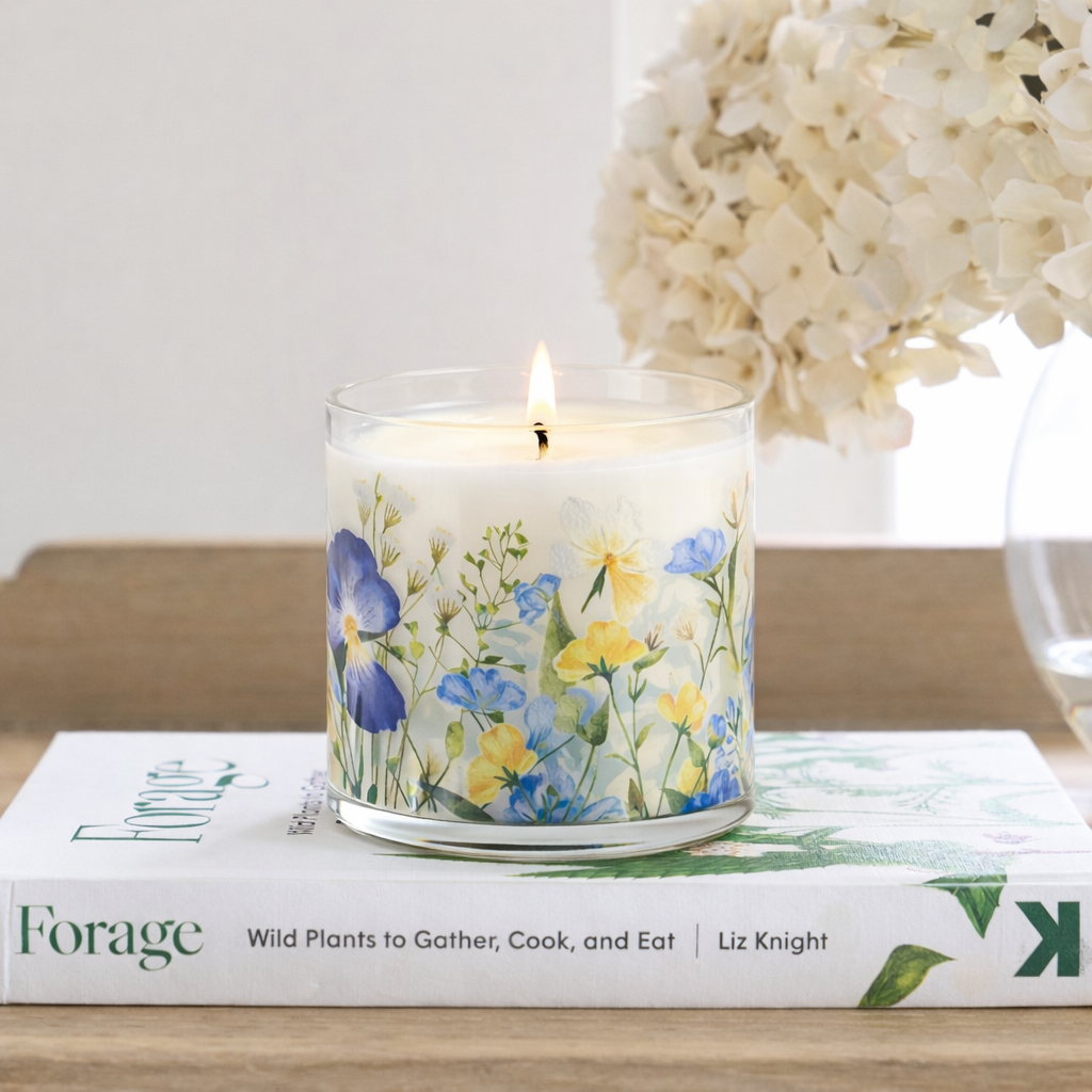 Blue & Yellow Floral Scented Candle in Glass Jar | Elegant Aesthetic Home Décor Candle