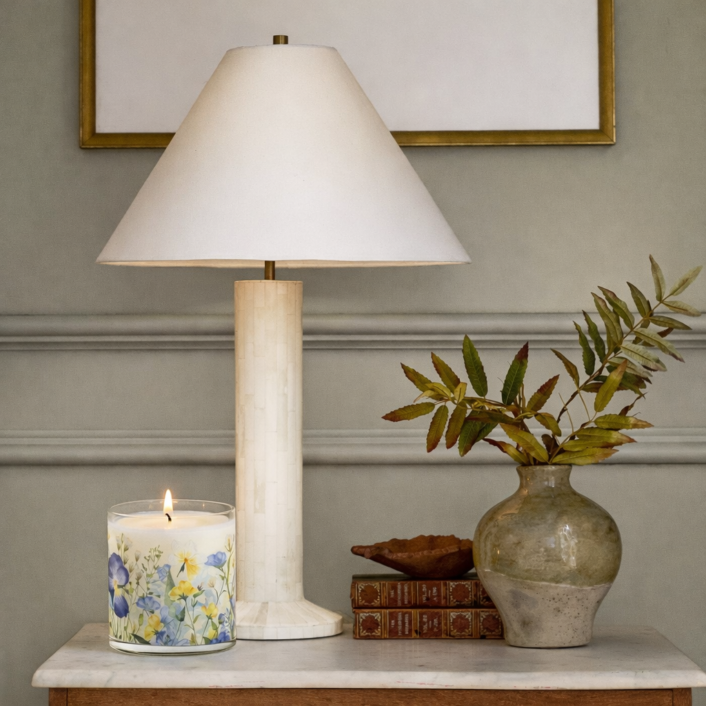 Blue & Yellow Floral Scented Candle in Glass Jar | Elegant Aesthetic Home Décor Candle