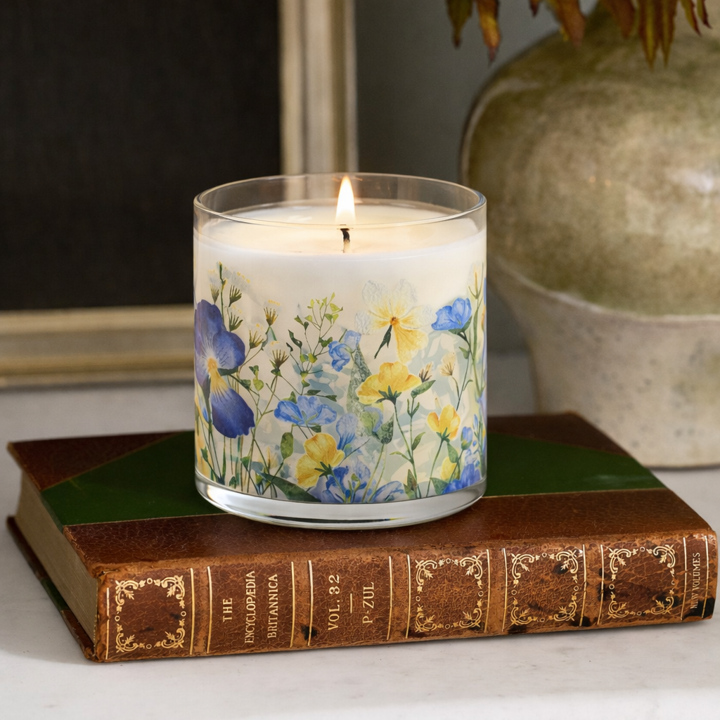 Blue & Yellow Floral Scented Candle in Glass Jar | Elegant Aesthetic Home Décor Candle