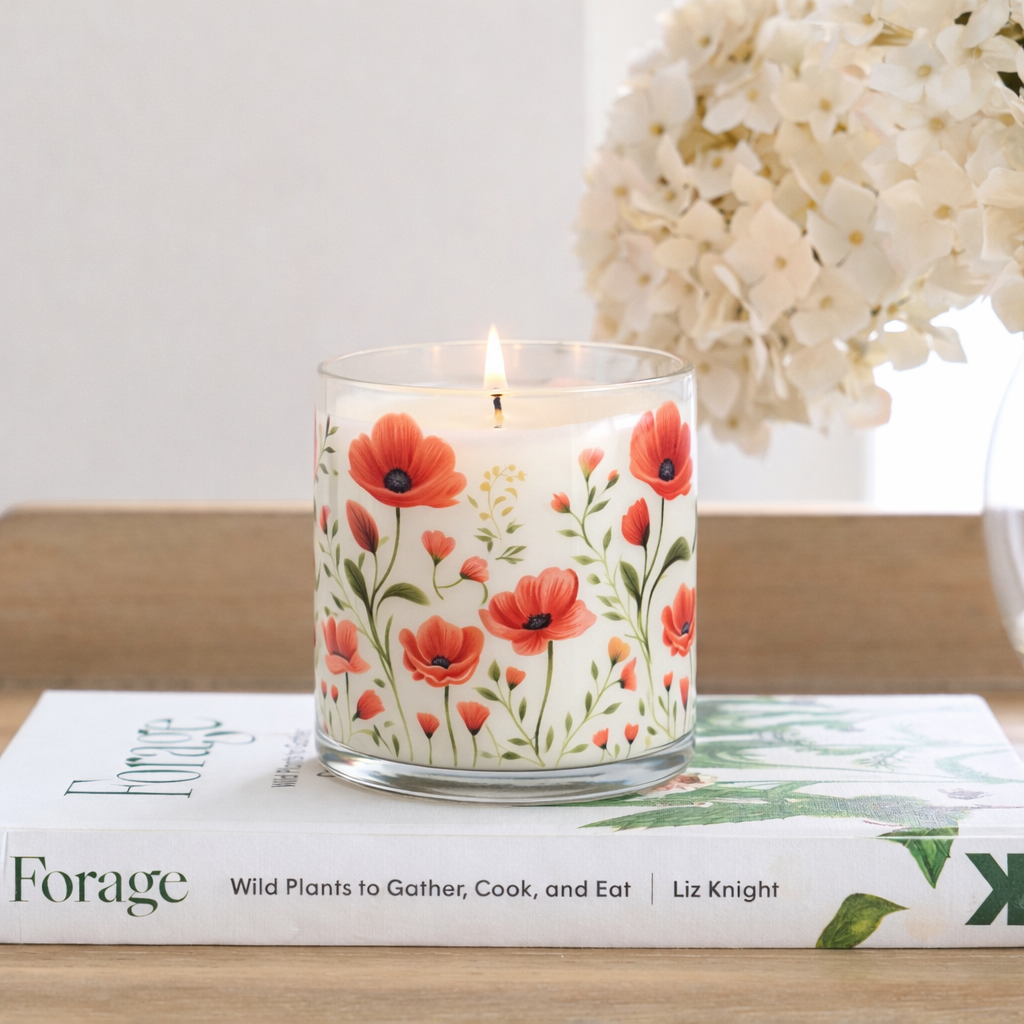 Red Floral Scented Candle in Glass Jar | Elegant Aesthetic Home Décor Candle