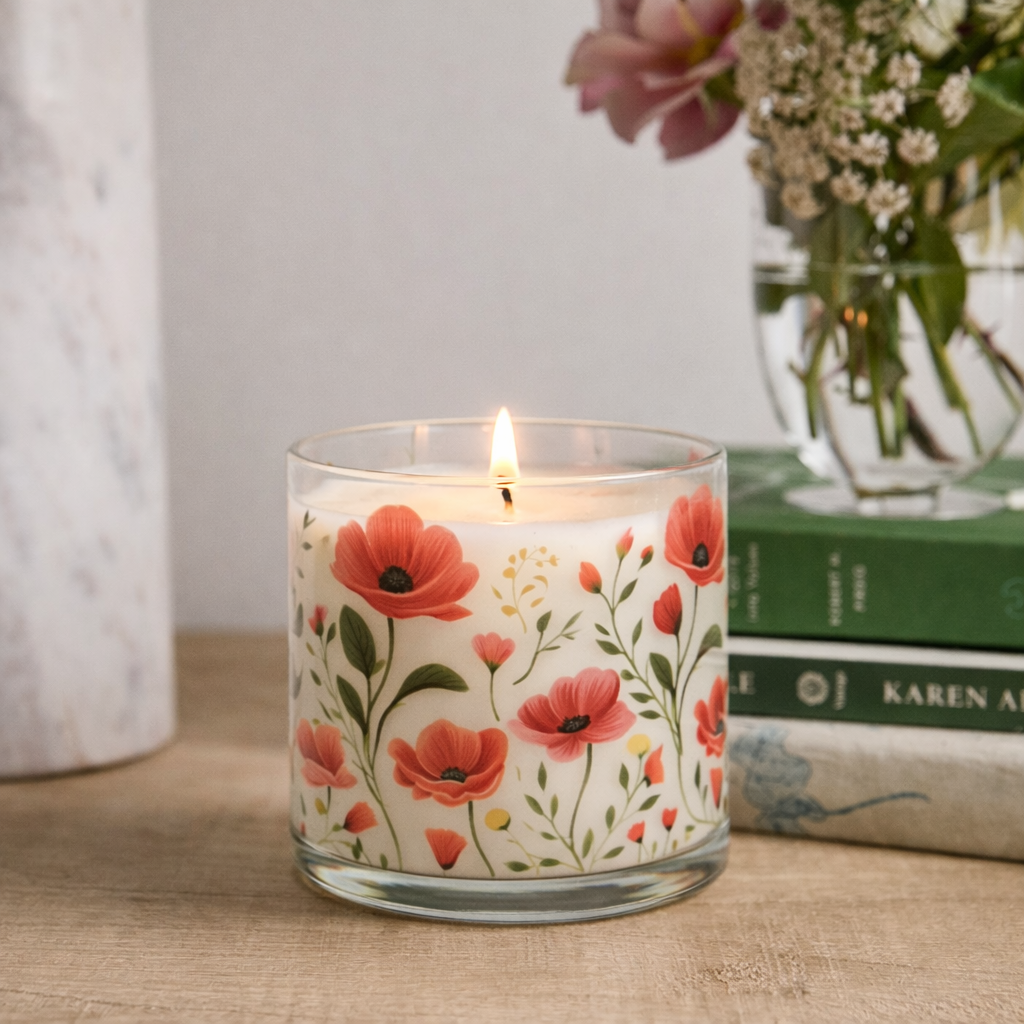 Red Floral Scented Candle in Glass Jar | Elegant Aesthetic Home Décor Candle