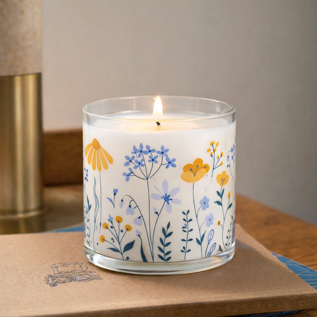 Blue & Yellow Floral Scented Candle in Glass Jar | Elegant Home Décor & Relaxing Aroma