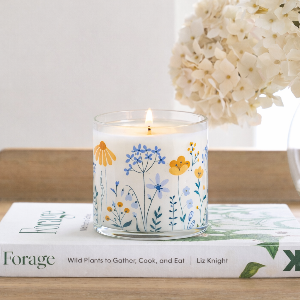 Blue & Yellow Floral Scented Candle in Glass Jar | Elegant Home Décor & Relaxing Aroma