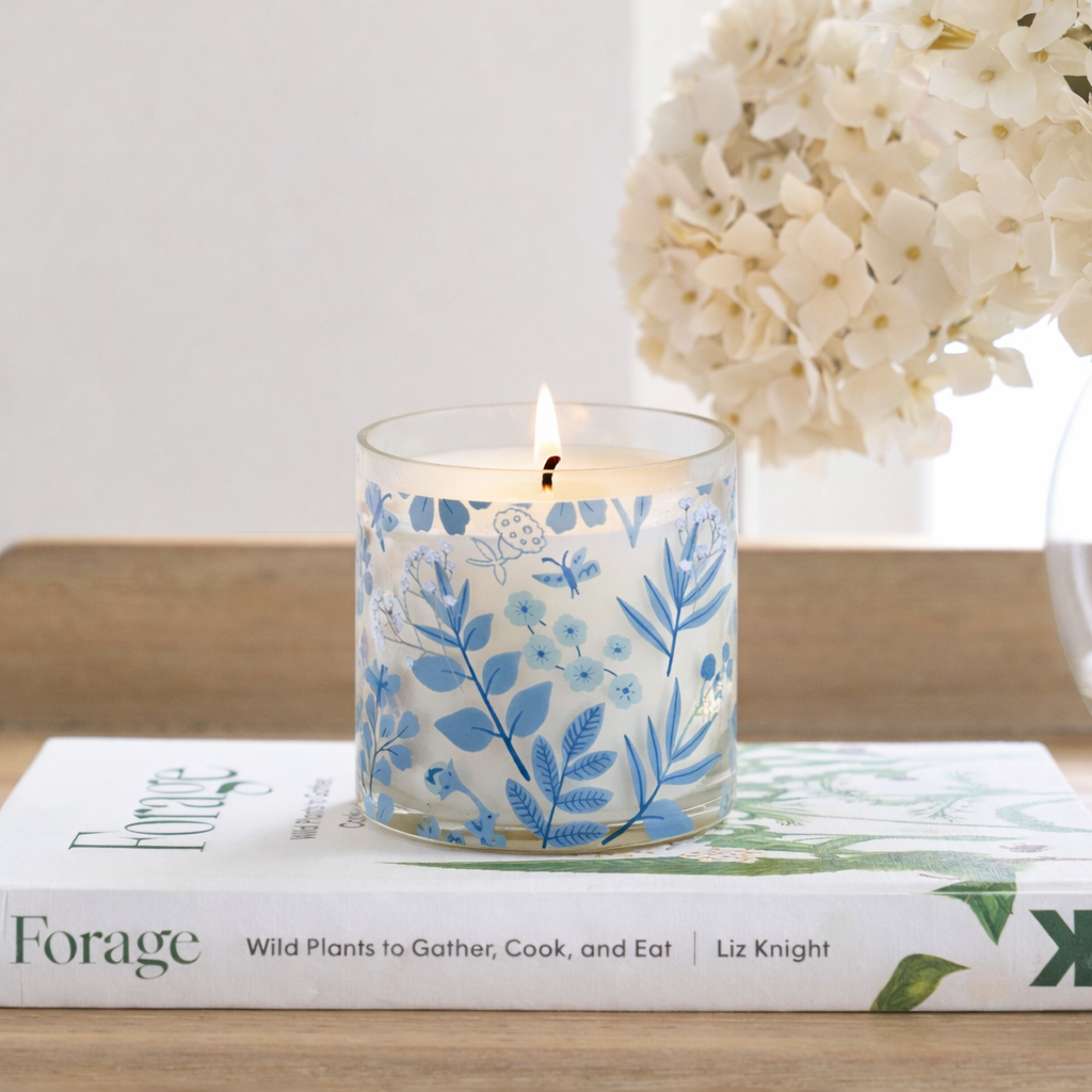 Blue Botanical Scented Candle in Glass Jar | Aesthetic Floral Home Décor Candle for Relaxation & Gifting