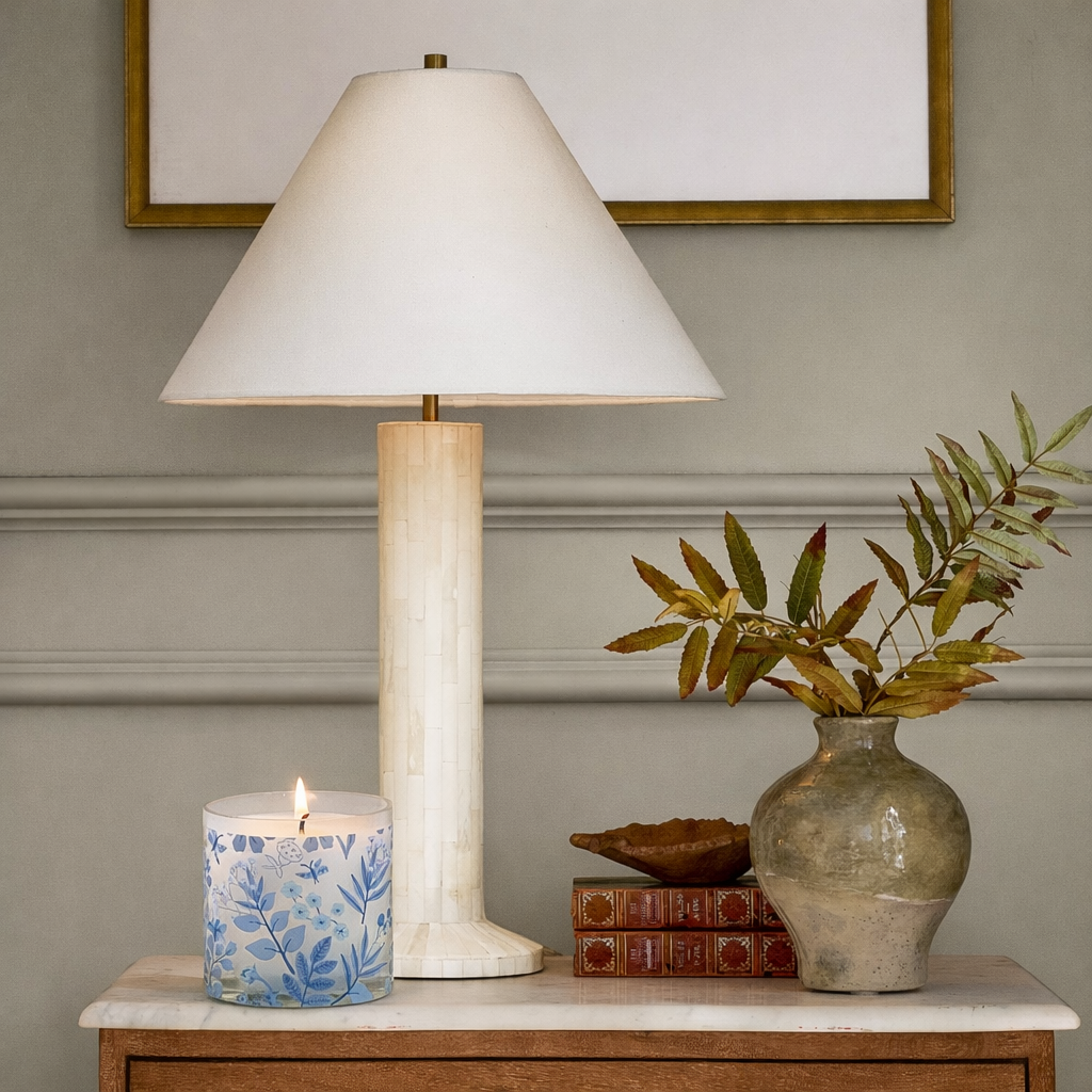 Blue Botanical Scented Candle in Glass Jar | Aesthetic Floral Home Décor Candle for Relaxation & Gifting