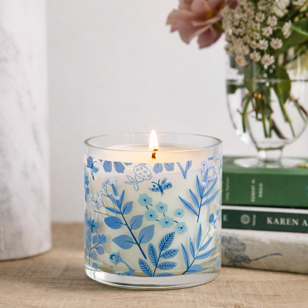 Blue Botanical Scented Candle in Glass Jar | Aesthetic Floral Home Décor Candle for Relaxation & Gifting
