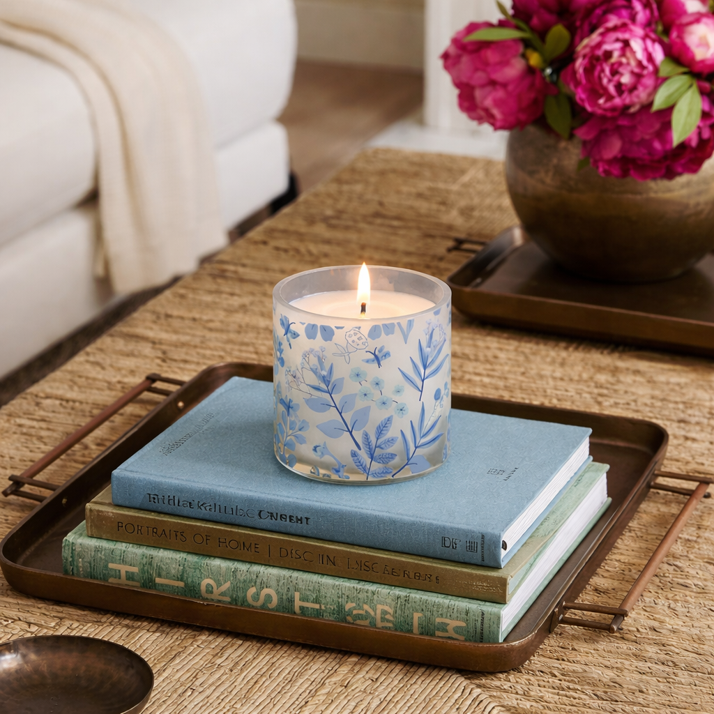 Blue Botanical Scented Candle in Glass Jar | Aesthetic Floral Home Décor Candle for Relaxation & Gifting