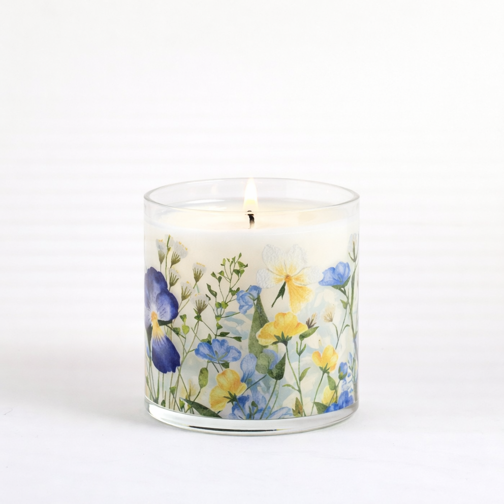 Blue & Yellow Floral Scented Candle in Glass Jar | Elegant Aesthetic Home Décor Candle