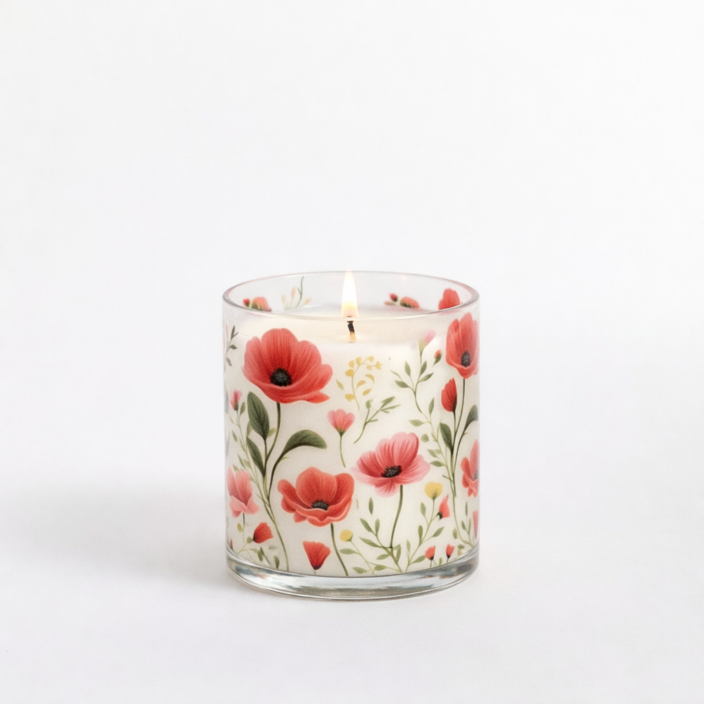 Red Floral Scented Candle in Glass Jar | Elegant Aesthetic Home Décor Candle
