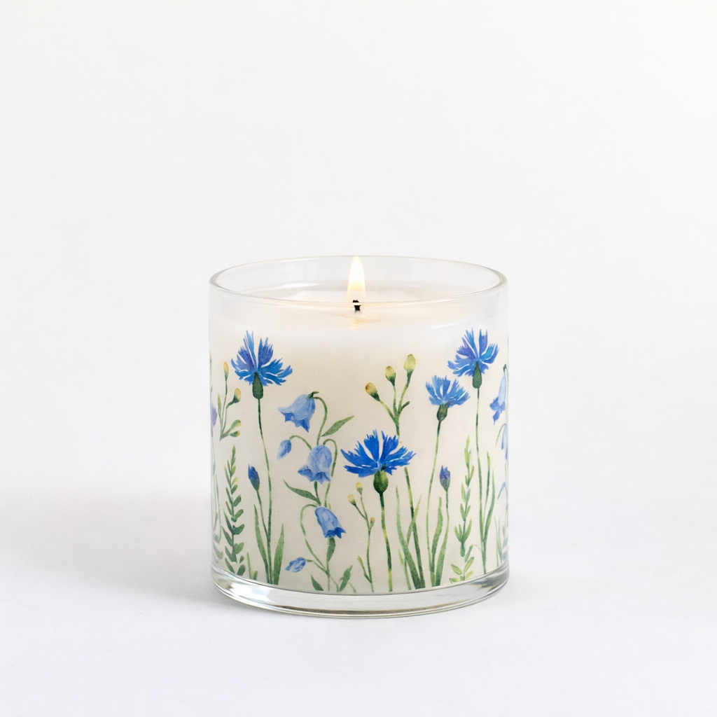 Blue Wildflower Scented Candle in Glass Jar | Calming Floral Aroma & Elegant Home Décor