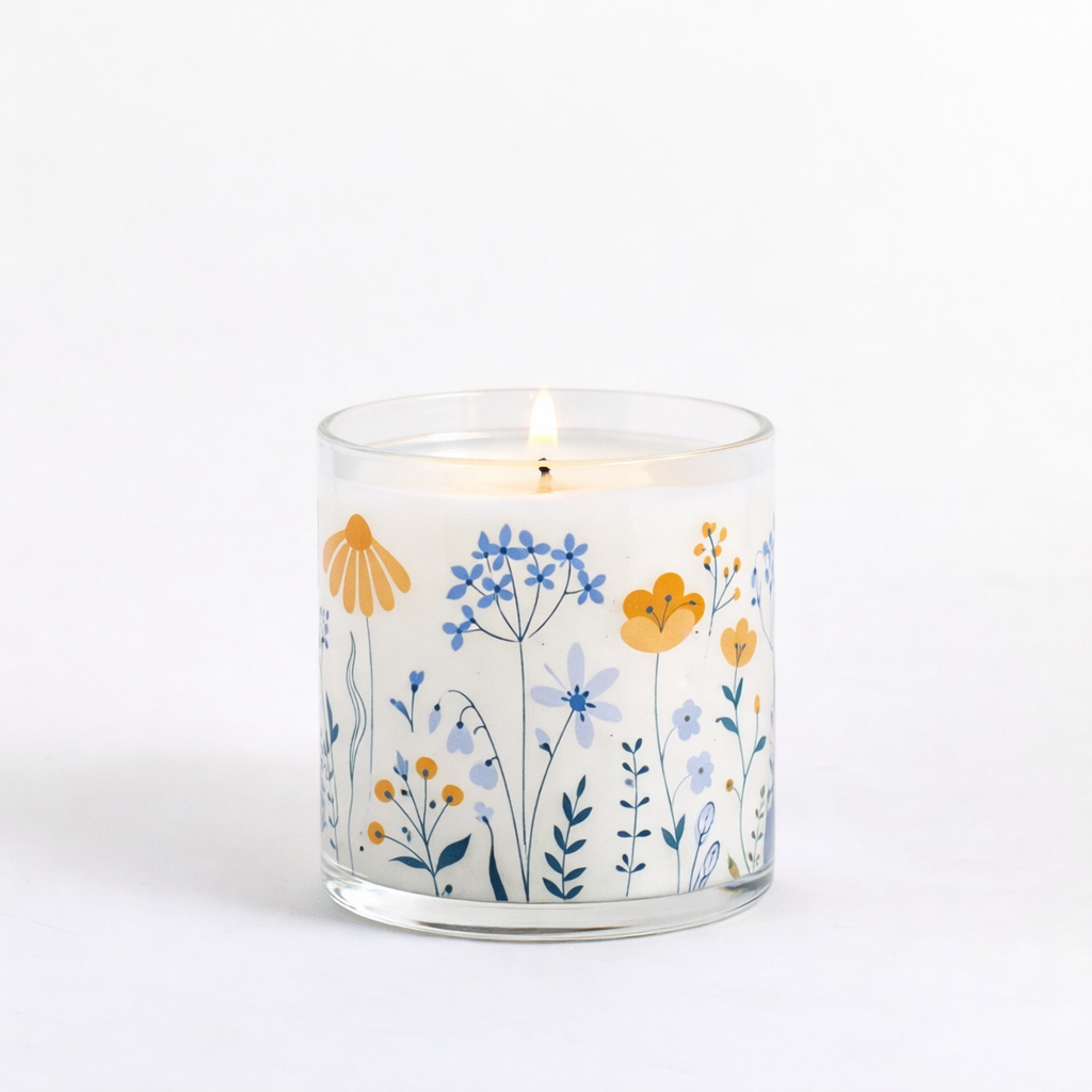 Blue & Yellow Floral Scented Candle in Glass Jar | Elegant Home Décor & Relaxing Aroma