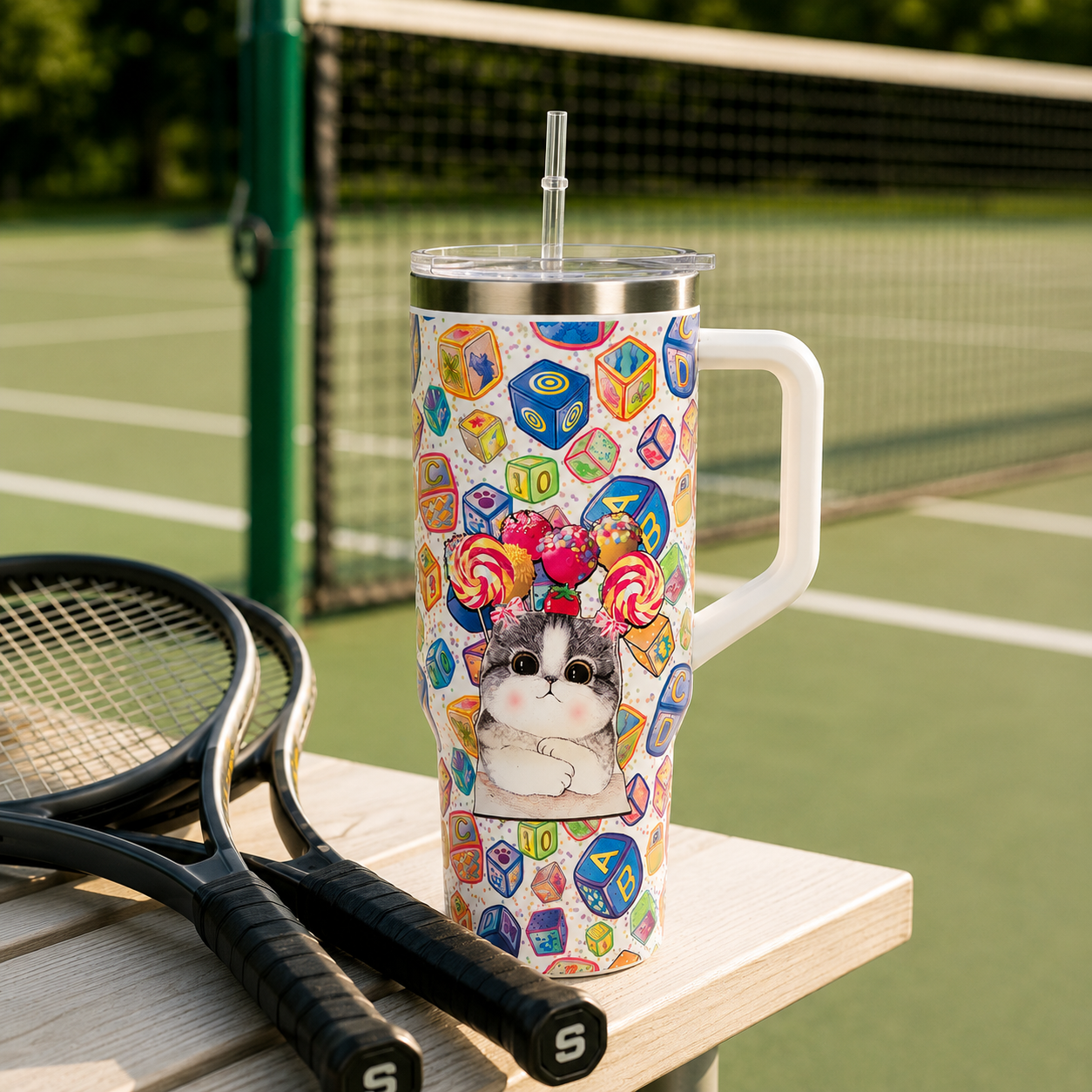 Candy Pop Kitty Stainless Steel Tumbler with Handle & Straw