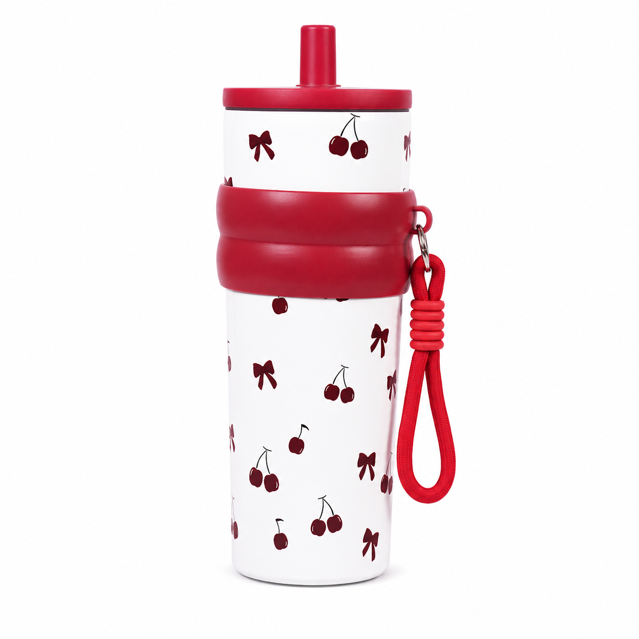Cherry Print Stainless Steel Insulated Tumbler with Straw & Carry Loop