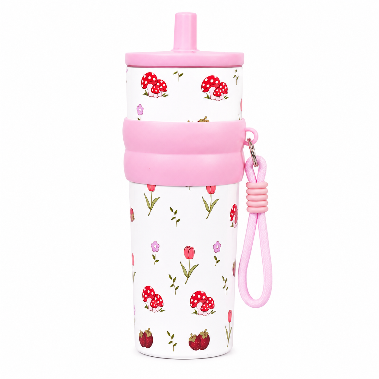 Floral & Mushroom Stainless Steel Insulated Tumbler with Straw & Carry Loop