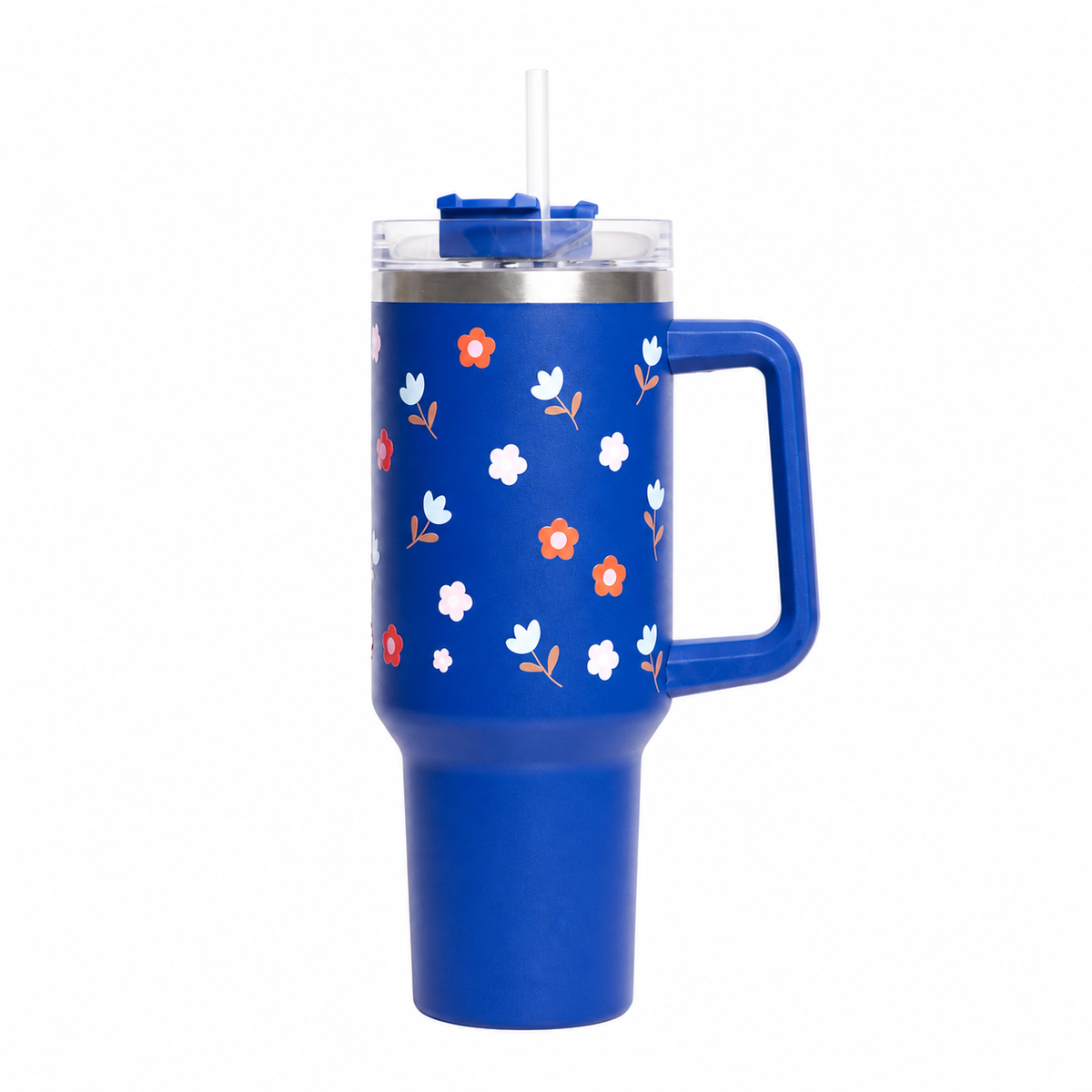 Floral Print Insulated Tumbler with Handle & Straw | Reusable Travel Cup | Stylish Drinkware