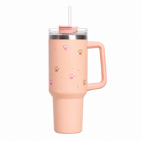 Floral Paw Print Tumbler with Handle & Straw | Reusable Travel Water Cup | Stylish Drinkware
