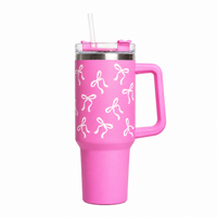 Bow Print Tumbler with Handle & Straw | Reusable Travel Water Cup | Stylish Drinkware