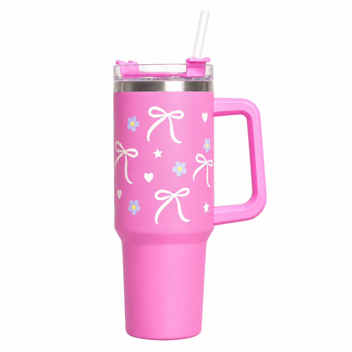 Bow & Floral Print Tumbler with Handle & Straw | Reusable Travel Water Cup | Stylish Drinkware