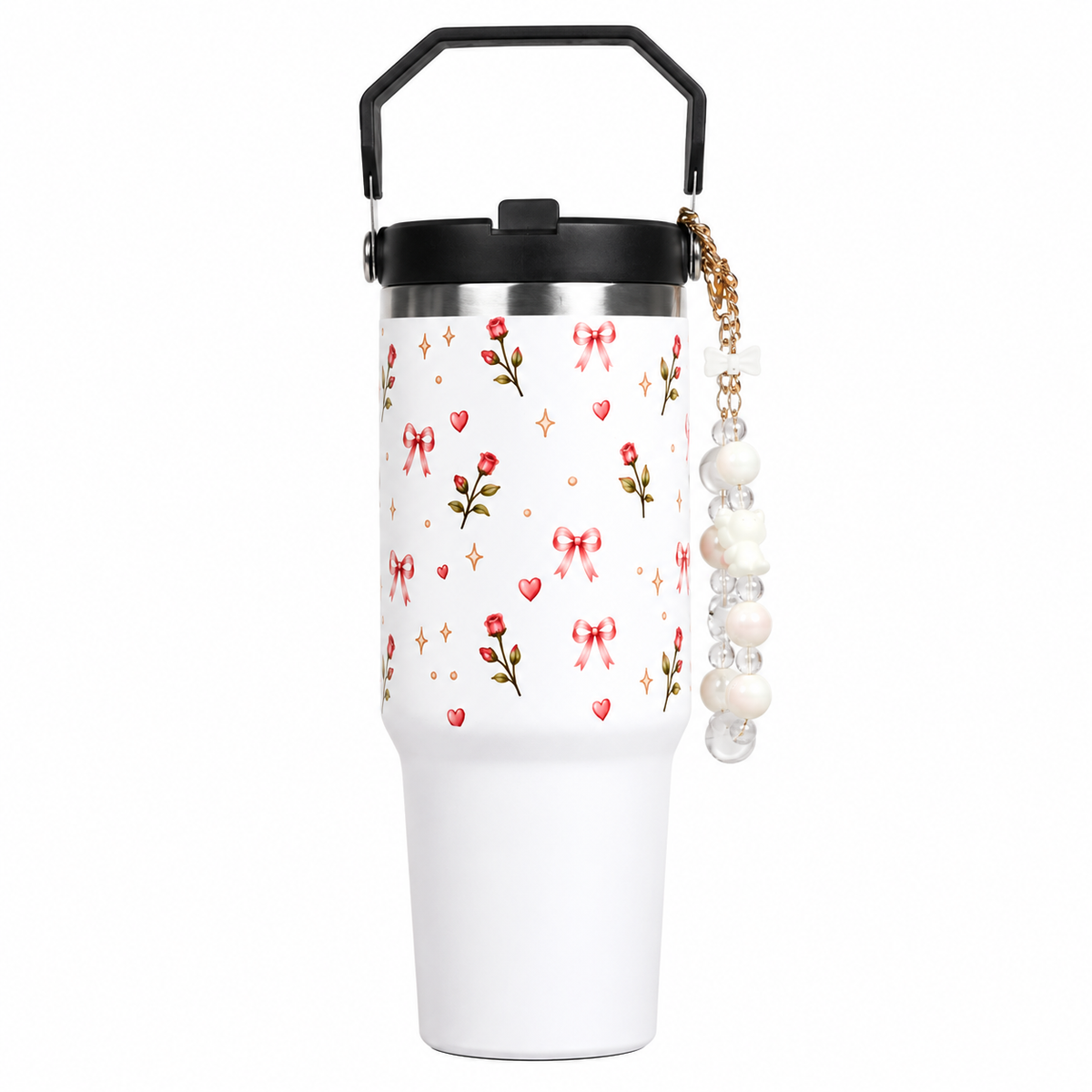 Floral Rose Print Tumbler with Handle & Straw | Reusable Travel Cup | Stylish Drinkware