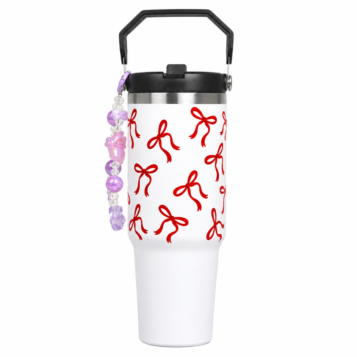 Bow Print Tumbler with Handle & Decorative Bead Charm | Reusable Travel Cup with Lid & Straw