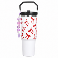 Bow Print Tumbler with Handle & Decorative Bead Charm | Reusable Travel Cup with Lid & Straw