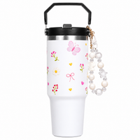 Butterfly & Floral Print Tumbler with Handle & Decorative Bead Charm | Reusable Travel Cup