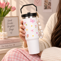 Butterfly & Floral Print Tumbler with Handle & Decorative Bead Charm | Reusable Travel Cup