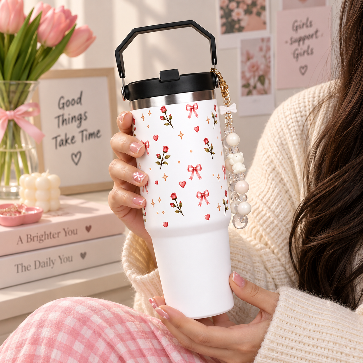 Floral Rose Print Tumbler with Handle & Straw | Reusable Travel Cup | Stylish Drinkware