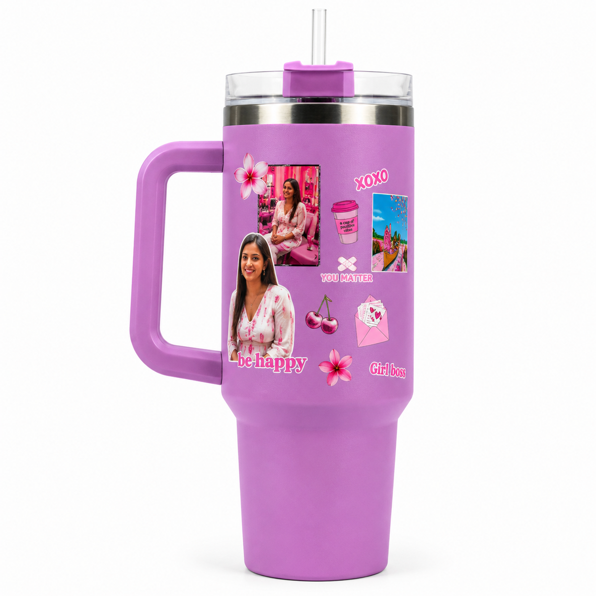 Personalized Tumbler with Straw & Handle – Custom Photo