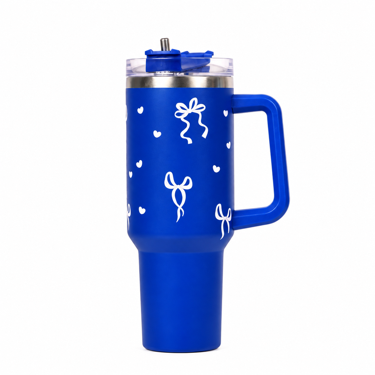Royal Blue Bow & Heart Tumbler with Straw & Handle – Cute Coquette Travel Tumbler