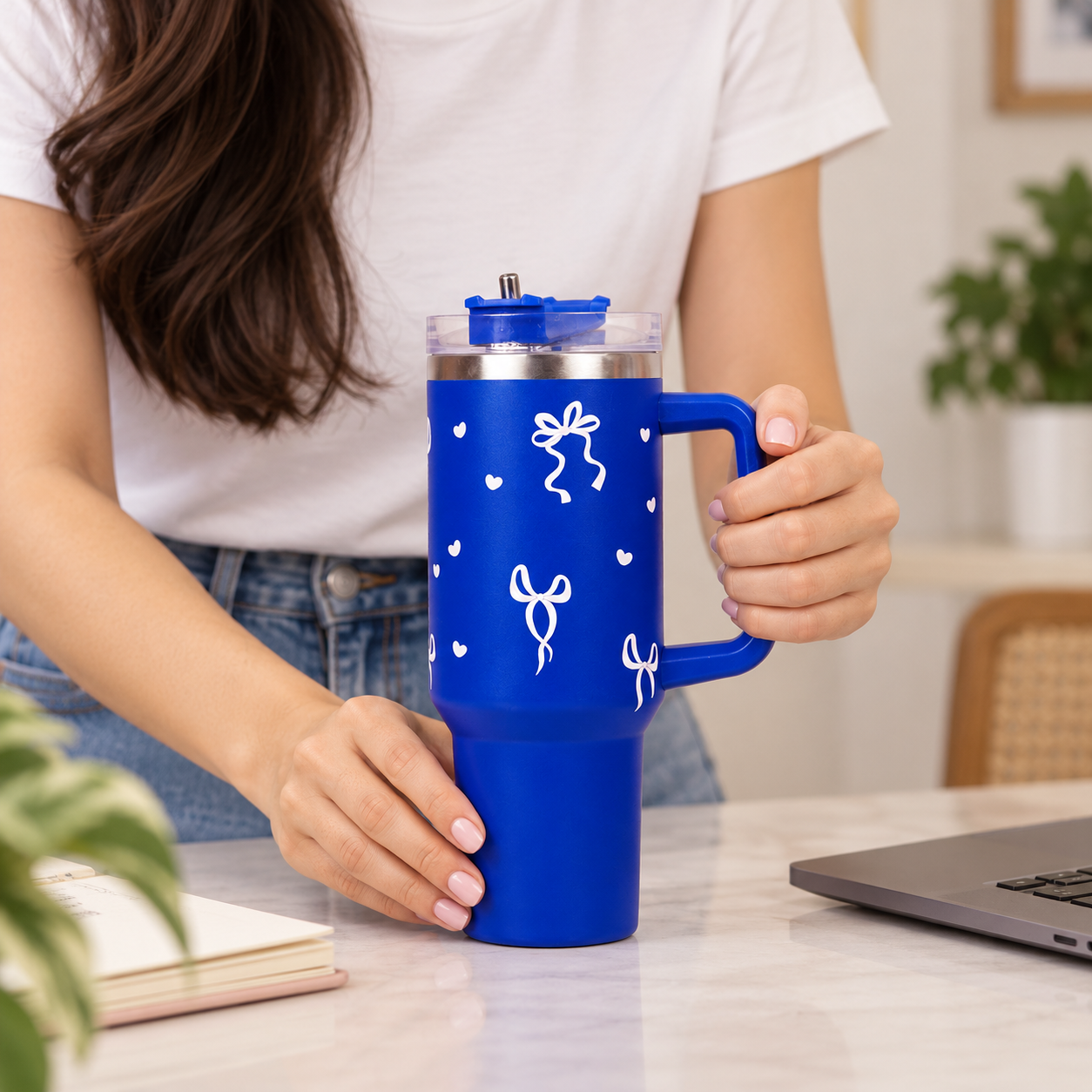 Royal Blue Bow & Heart Tumbler with Straw & Handle – Cute Coquette Travel Tumbler