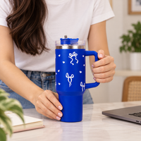 Royal Blue Bow & Heart Tumbler with Straw & Handle – Cute Coquette Travel Tumbler