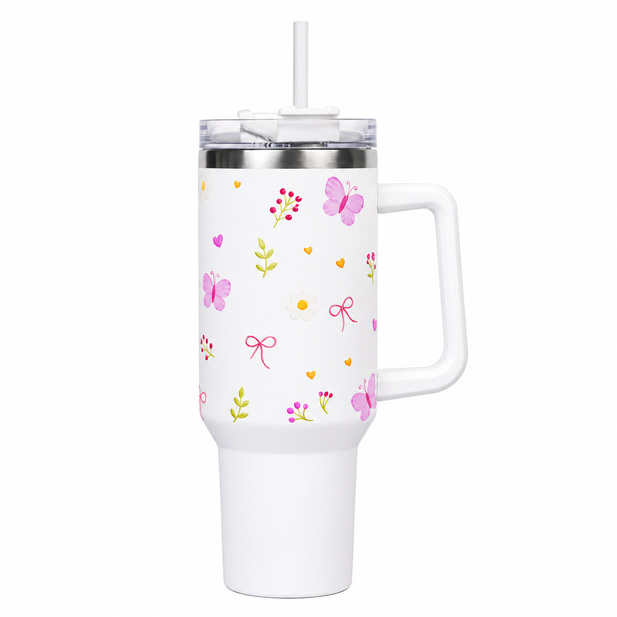 White Floral Butterfly Tumbler with Straw & Handle – Cute Aesthetic Travel Tumbler
