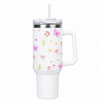 White Floral Butterfly Tumbler with Straw & Handle – Cute Aesthetic Travel Tumbler
