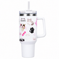 White Cat Print Tumbler with Straw & Handle – Cute Aesthetic Travel Coffee Cup