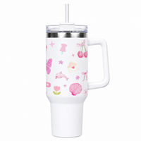 White Pink Cherry Print Tumbler with Straw & Handle – Aesthetic Travel Coffee Cup