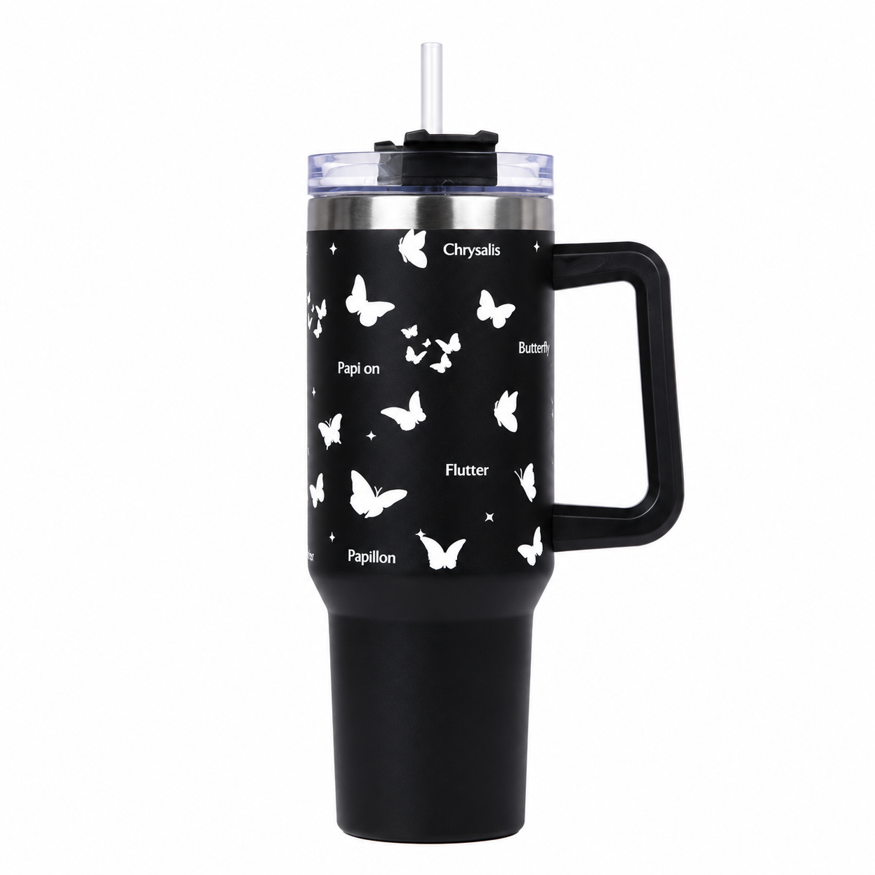 Black Butterfly Print Tumbler with Straw & Handle – Insulated Travel Coffee Cup
