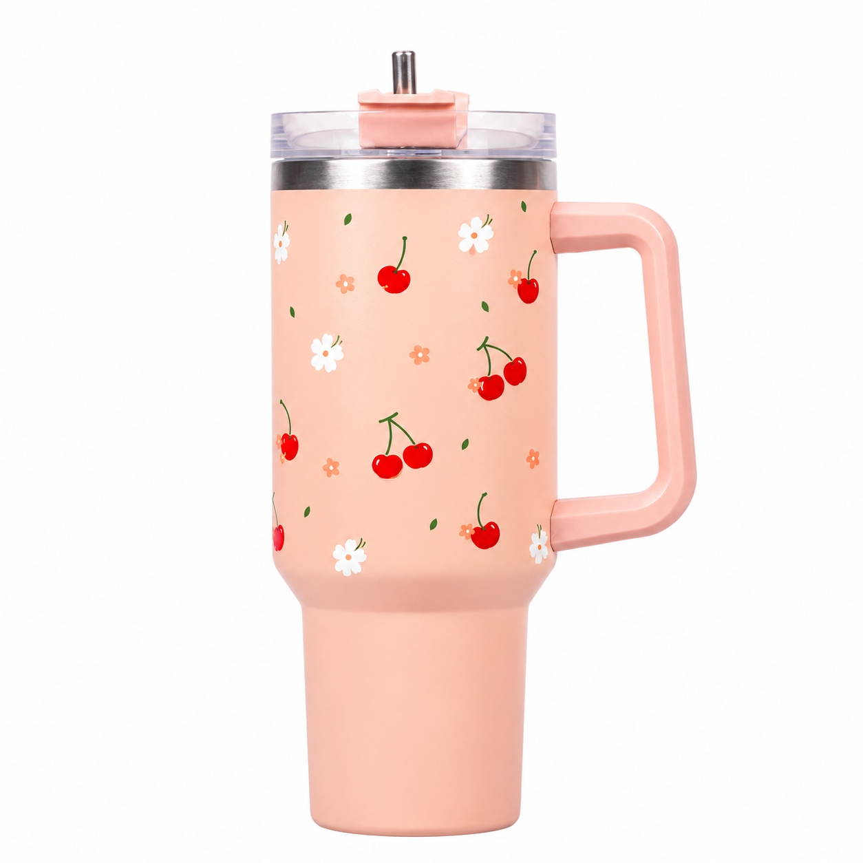 Peach Strawberry Heart Tumbler with Straw & Handle – Cute Floral Travel Tumbler