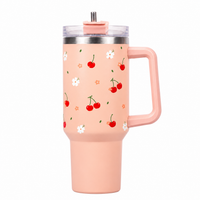 Peach Strawberry Heart Tumbler with Straw & Handle – Cute Floral Travel Tumbler
