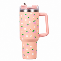 Peach Strawberry Tumbler with Straw & Handle – Cute Pink Fruit Print Travel Tumbler