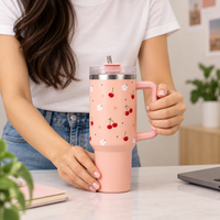 Peach Strawberry Heart Tumbler with Straw & Handle – Cute Floral Travel Tumbler