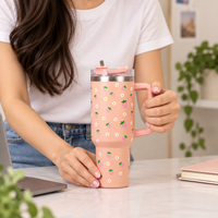Peach Strawberry Tumbler with Straw & Handle – Cute Pink Fruit Print Travel Tumbler