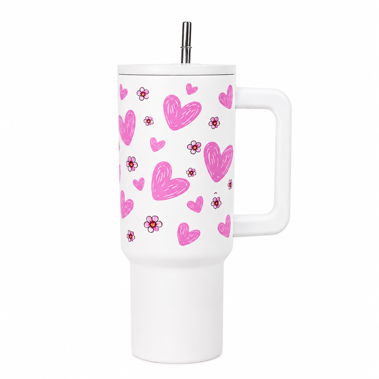Pink Floral Heart Print White  Travel Tumbler with Handle & Straw