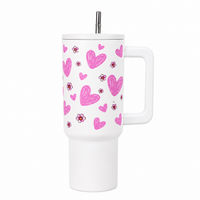 Pink Floral Heart Print White  Travel Tumbler with Handle & Straw