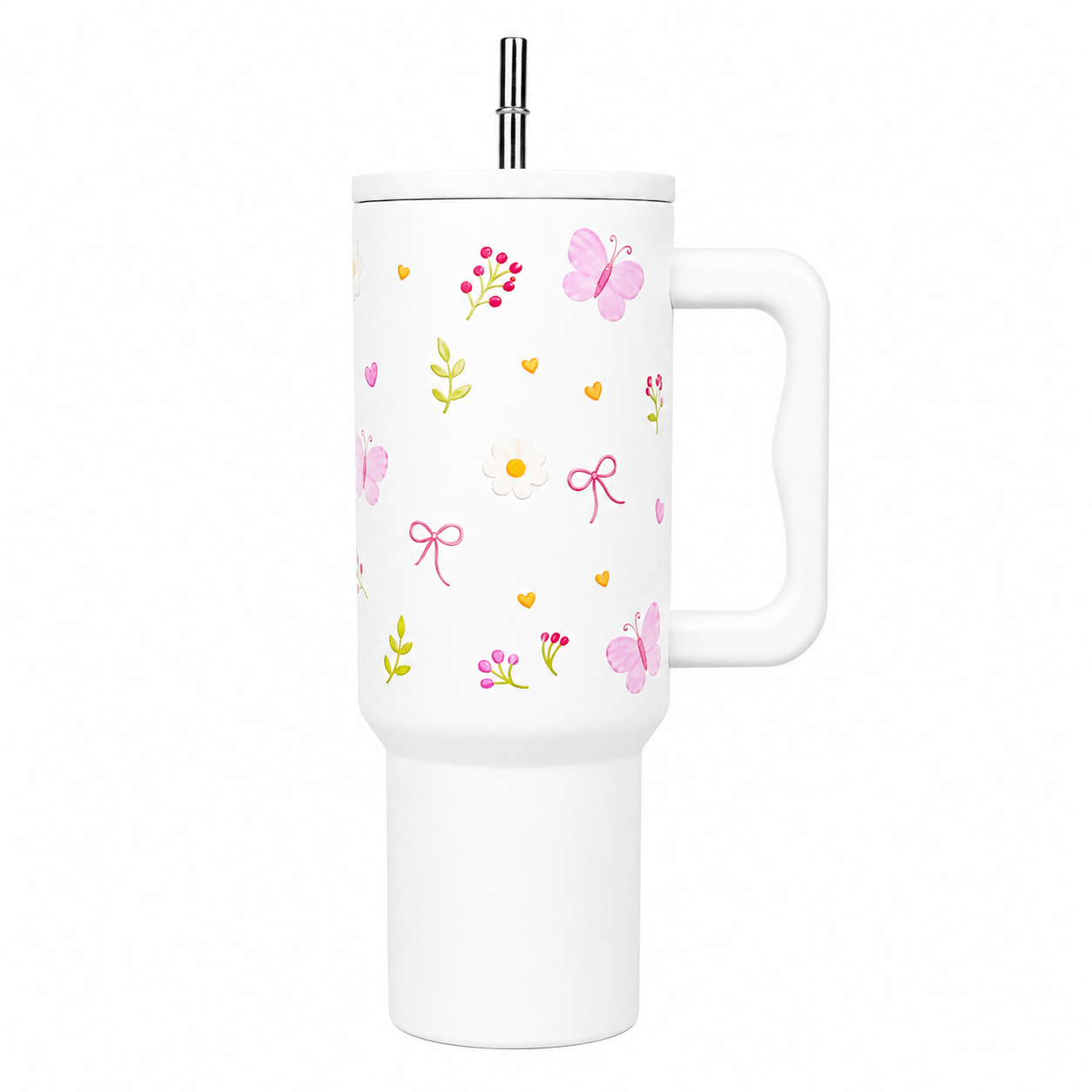Butterfly, Bow & Floral Print travel  WHITE Tumbler