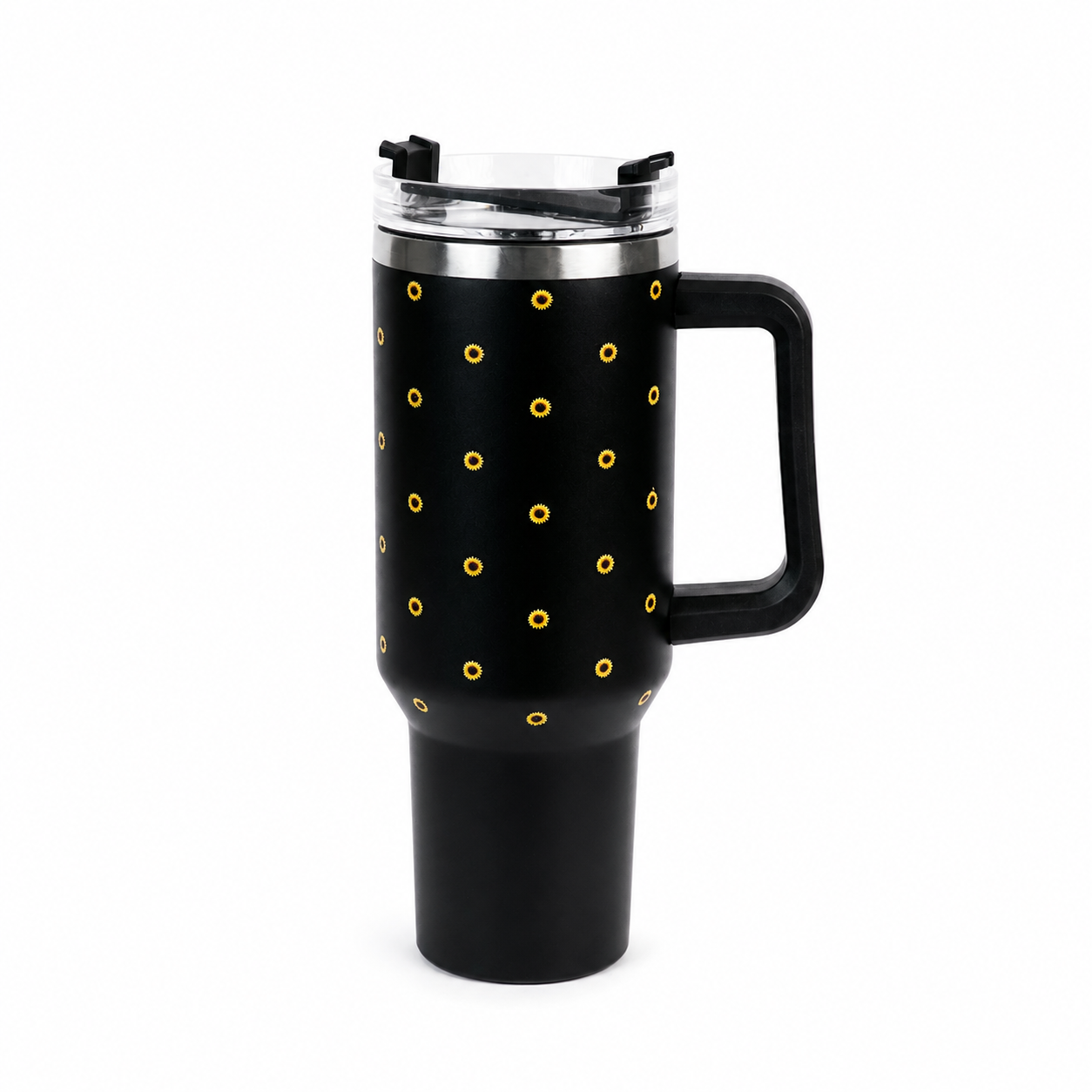 Black Sunflower Tumbler with Handle & Straw – Cute Floral Reusable Travel Cup for Women & Girls