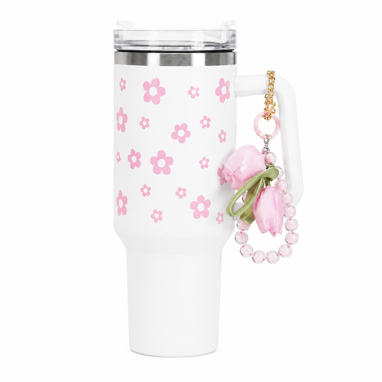 Pink Daisy Stainless Steel Tumbler with Charm | 1.2L Insulated Travel Mug