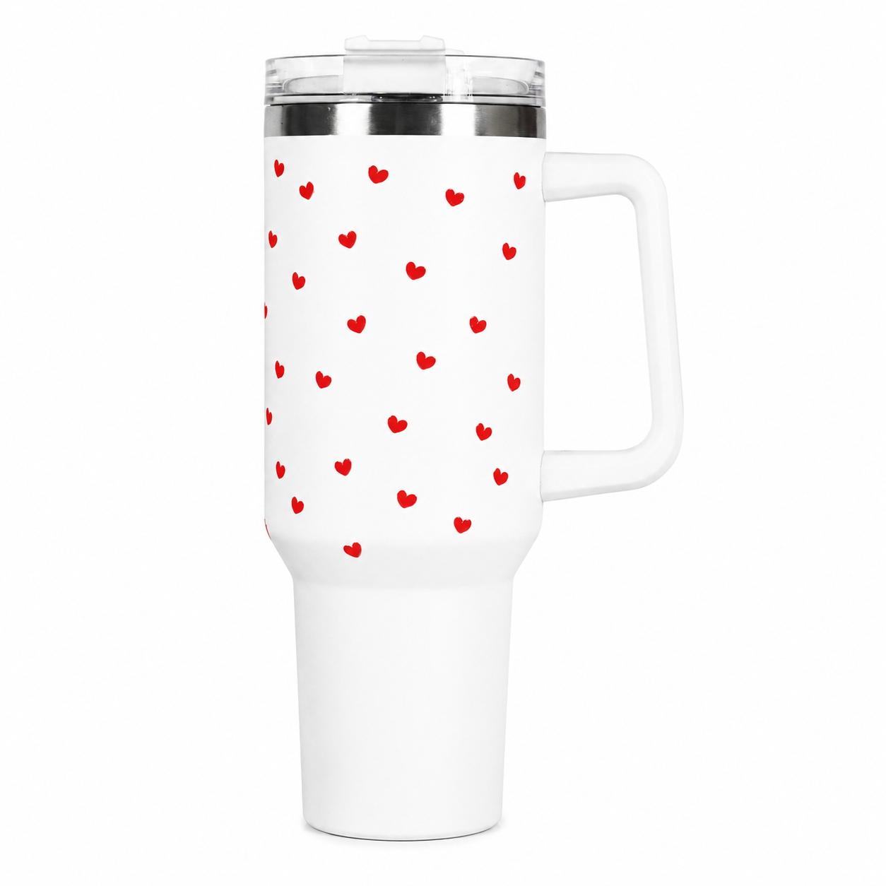 Cute Red Heart Print White Stainless Steel Tumbler with Handle