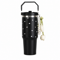 Aesthetic Heart Print Stainless Steel Tumbler with Floral Charm