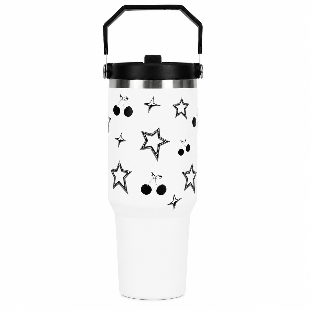 Star & Cherry Stainless Steel Tumbler with Handle | 1L Insulated Travel Mug
